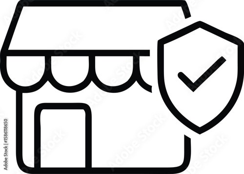 Store icon outline with checkmark inside shield, representing secure shopping symbol