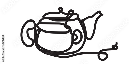 Continuous One Line Tea Party Icon - Flat Drawn Cafe Crockery Concept - Teapot and Cup Background