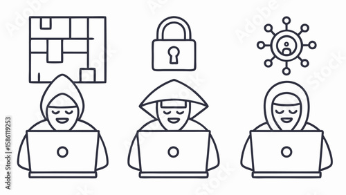 Cyber attack icons with hackers and security symbols cyber security hacking