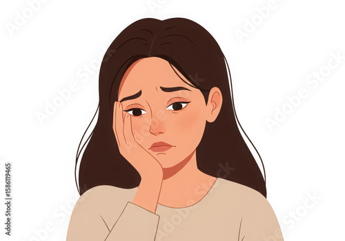Sad woman resting her chin on her hand with a worried expression isolated on transparent background