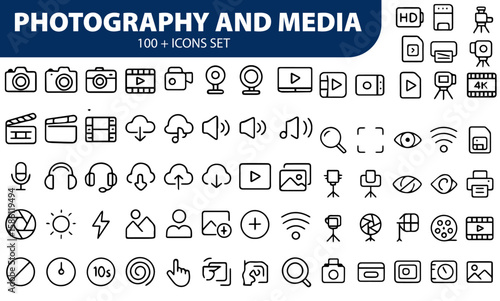 100 PHOTOGRPhotography and Media Line Icons, Camera, Tripod, Video Player, Image, Microphone, Editable Formats: AI, EPS, PNG, Ideal for Both UI and Print Media Use
APHY AND MEDIA