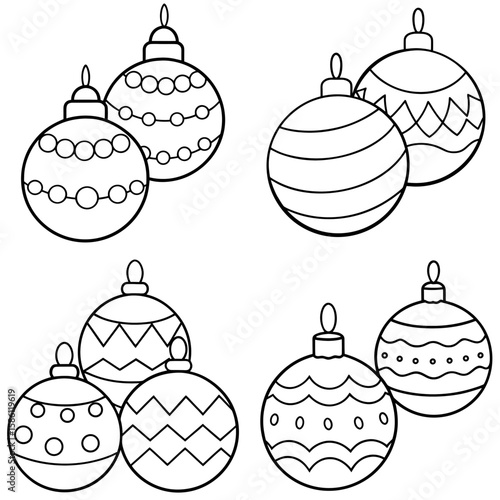 Christmas Tree Balls Outline Vector - Holiday Decoration Coloring Page Icon