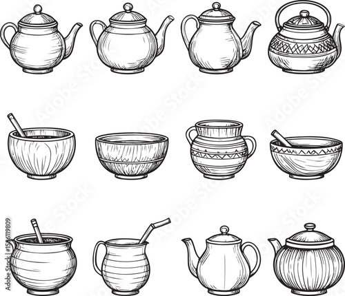 Rustic Teaware Collection: Hand-Sketched Ceramics