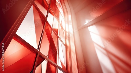 Modern building facade with glass windows reflecting sunlight and architectural design.