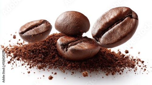 Close-up of glossy roasted coffee beans with ground coffee scattered for brewing or aroma.