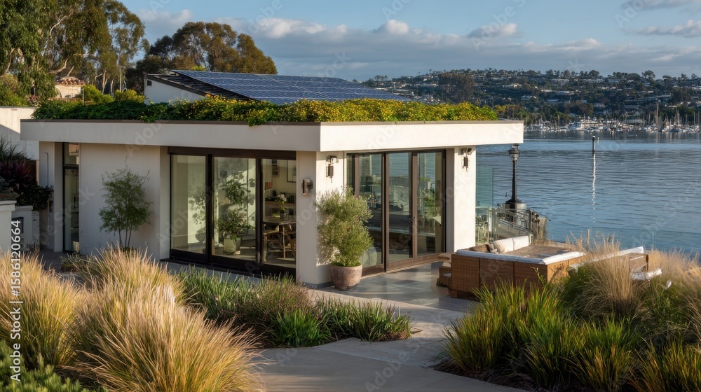 Fototapeta premium Modern contemporary house with large glass windows overlooking water and scenic landscape.