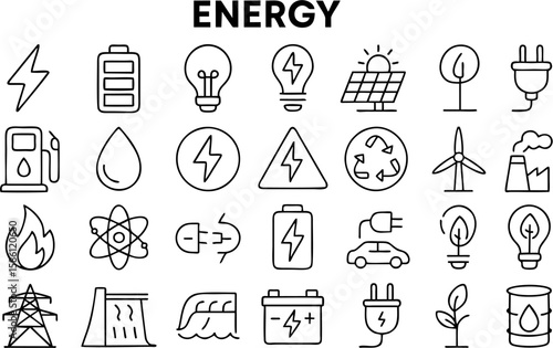 Energy vector icon set showcasing electricity, solar, wind, nuclear, battery, fuel, renewable sources, power plants, and sustainable energy solutions.

