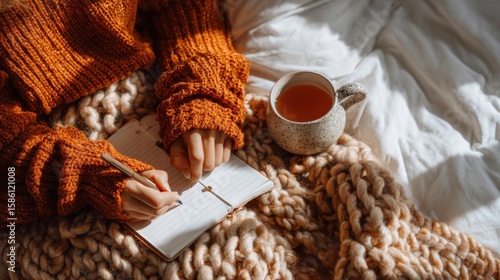 Cozy scene of person writing in notebook with warm blanket and cup of tea indoors.