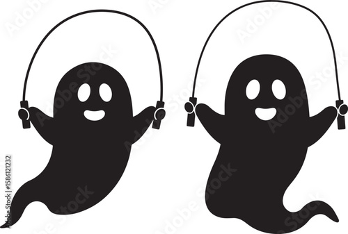 Two cute cartoon ghosts jumping rope silhouette