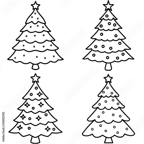  Retro Snowy Christmas Tree Outline Vector - Vintage Holiday Coloring Page Icon