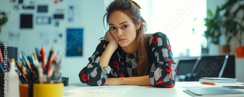 Young woman looking bored at her desk.