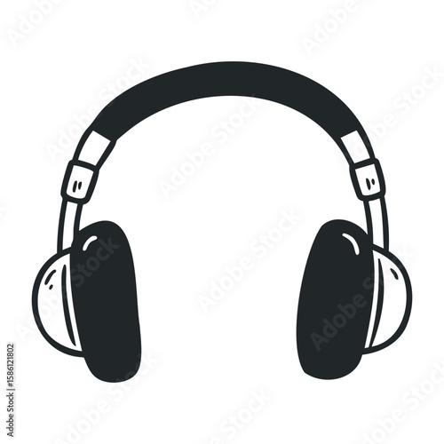 Simple black headphones on white background for audio and music. Hand draw vector illustration