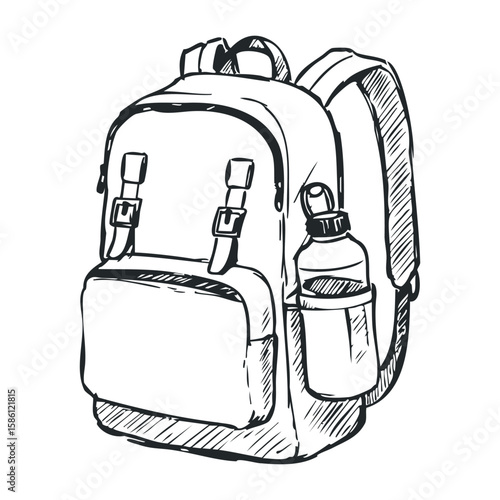 Black and white sketch of backpack with water bottle in pocket. Hand draw vector illustration