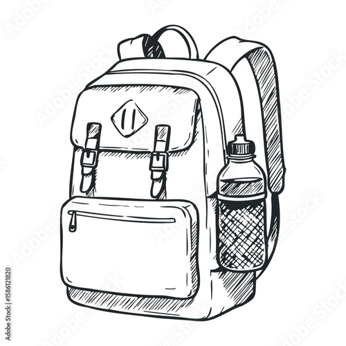 Black and white sketch of backpack with water bottle and multiple pockets. Hand draw vector illustration