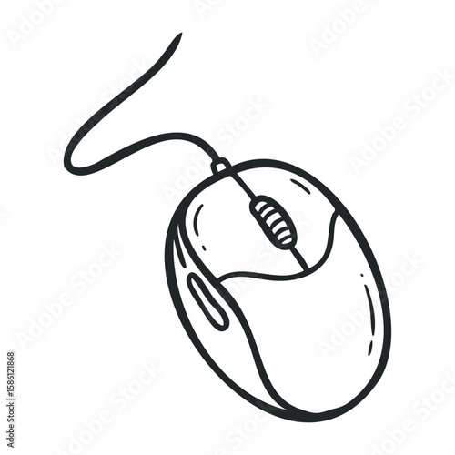 Hand-drawn computer mouse with scroll wheel and wired connection in black and white. Hand draw vector illustration
