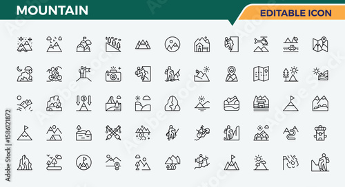 Mountain line icon set. Contain linear sign climb, expedition, climbing, outdoor, rock, tour, tourism and more. Hiking simple icon set. Thin outline icons pack. Editable stroke collections.