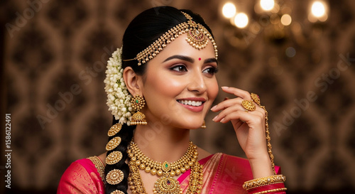 An indian bride with a braid adorned with gold and white flowers