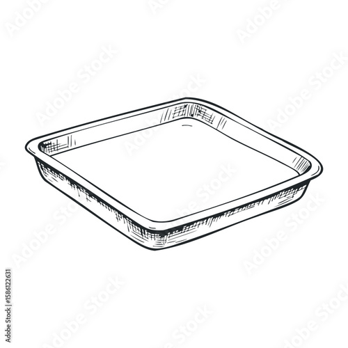 Hand-drawn sketch of a square baking tray with textured details and minimalist design. Hand draw vector illustration