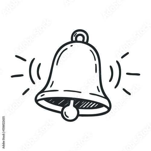 Hand-drawn bell icon with sound waves in minimalist black and white style. Hand draw vector illustration