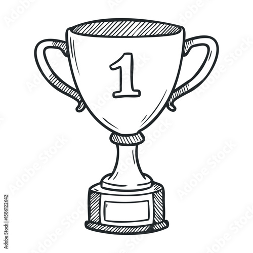 Hand-drawn sketch of a first place trophy cup with handles and number one. Hand draw vector illustration