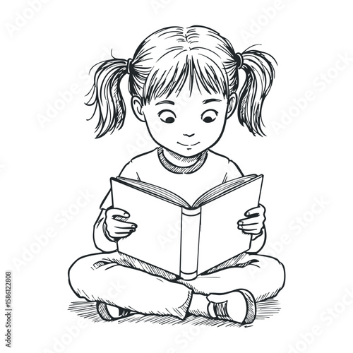 Young caucasian girl reading book with enthusiasm in black and white sketch. Hand draw vector illustration