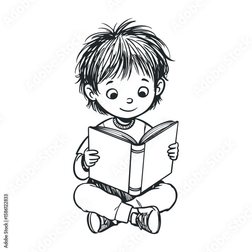 Young caucasian child reading book sitting cross-legged in monochrome sketch style. Hand draw vector illustration