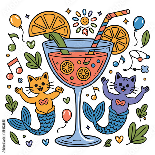 Cocktail Party with Mermaid Cats: A Vibrant Summer Illustration