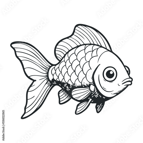 Black and white detailed goldfish drawing with scales and fins. Hand draw vector illustration
