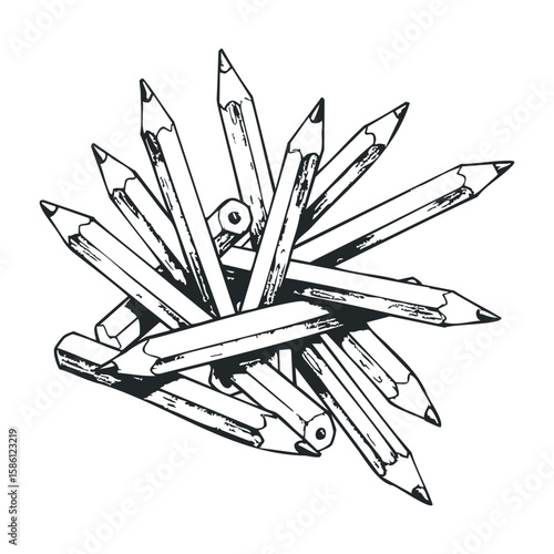 Black and white sketch of jumbled wooden pencils in various orientations. Hand draw vector illustration