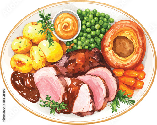 Watercolor Illustration of Traditional British Sunday Roast Dinner with Vegetables and Gravy
