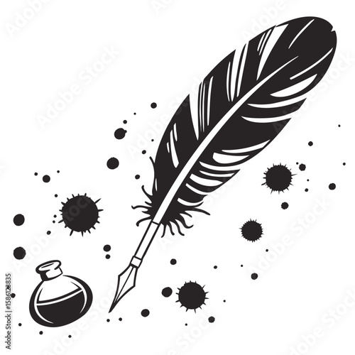 A vector illustration of an antique feather quill pen with ink, symbolizing writing and literature