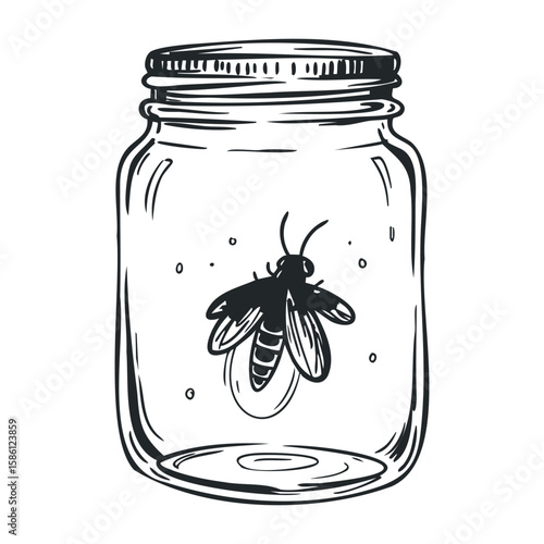 Simple black firefly in glass jar sketch with intricate details. Hand drawn vector illustration