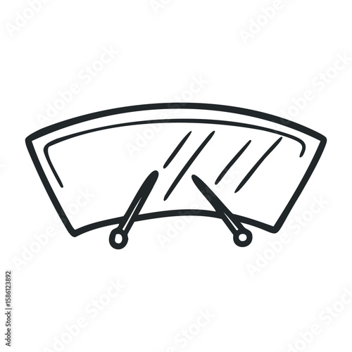 Windshield with wipers icon in black outline on white background. Hand drawn vector illustration