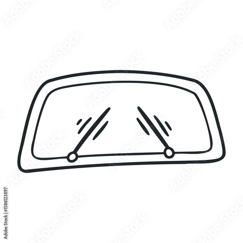 Simple black and white illustration of car windshield with wipers. Hand drawn vector illustration