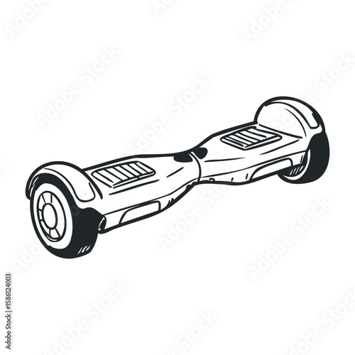 Monochrome hoverboard illustration of self-balancing electric scooter. Hand drawn vector illustration