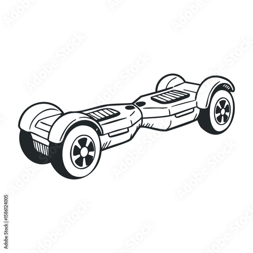 Monochrome hoverboard illustration with wheels and details in retro style. Hand drawn vector illustration
