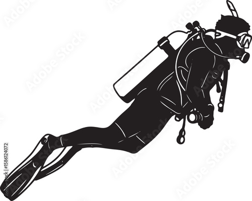 Silhouette of scuba diver underwater with oxygen tank and full diving gear