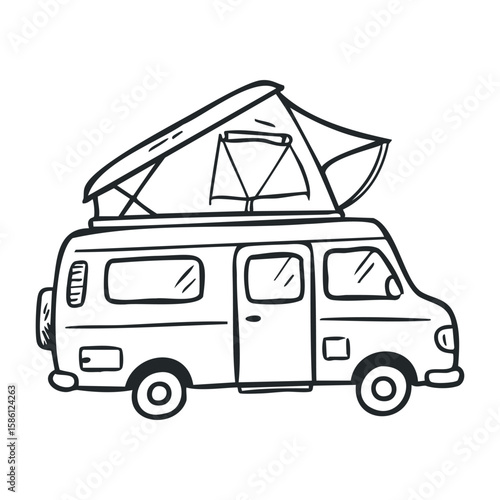 Camping van with roof tent outline drawing for adventure enthusiasts. Hand drawn vector illustration