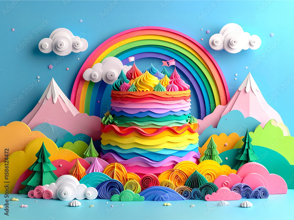 Naklejka premium Whimsical Rainbow Cake with Colorful Clouds and Fantasy Backdrop in 3D Illustration