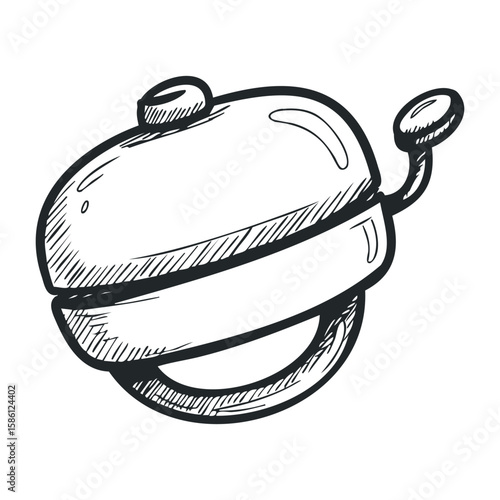 Black and white vintage bicycle bell sketch with hand-crank detail. Hand drawn vector illustration