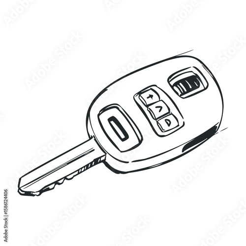 Black and white illustration of a car key with remote control buttons. Hand drawn vector illustration