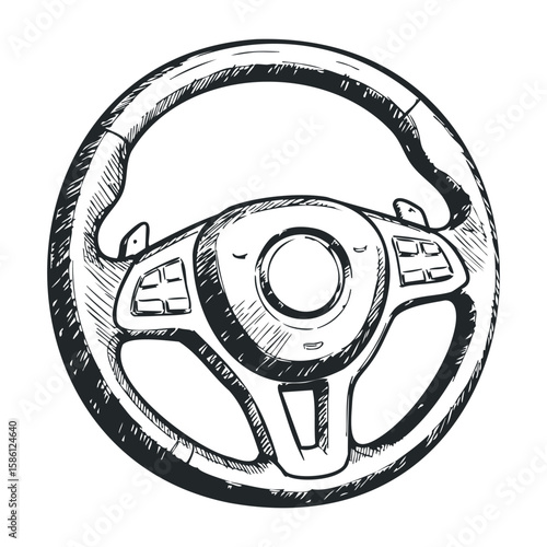 Hand-drawn steering wheel sketch with detailed shading and highlights. Hand drawn vector illustration