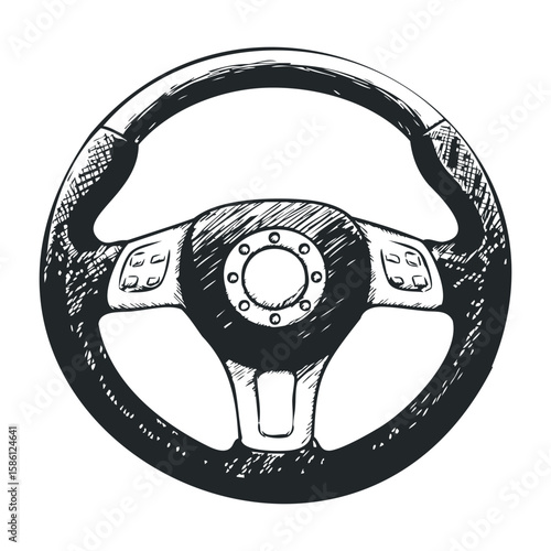 Detailed black and white sketch of car steering wheel design with buttons. Hand drawn vector illustration