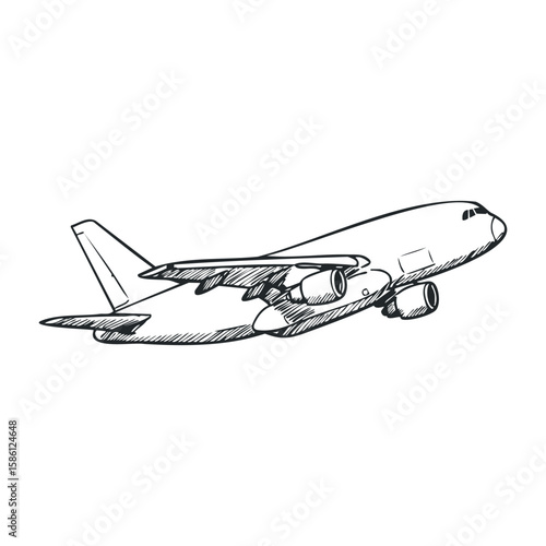 Detailed sketch of passenger airplane in flight mode with visible wings and engines. Hand drawn vector illustration