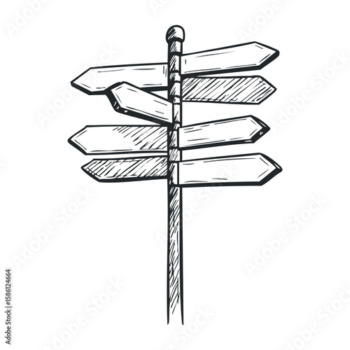 Sketch of a multi-directional signpost with arrows pointing in various directions. Hand drawn vector illustration