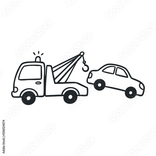 Simple black tow truck towing car illustration with tow hook. Hand drawn vector illustration