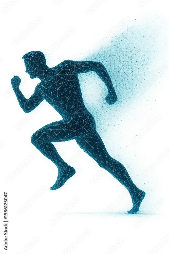 Naklejka premium Futuristic digital human silhouette running with a trail of glowing blue particles and interconnected geometric lines against a white background