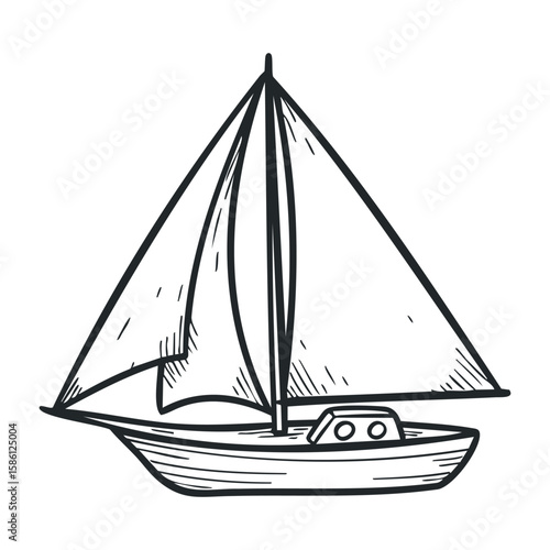 Hand-drawn sailboat with striped sails and detailed hull design on white background. Hand drawn vector illustration