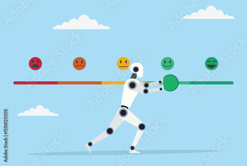 Vector illustration of a robot pushing a feedback bar from negative to positive, symbolizing AI enhancing customer experience, satisfaction, and service quality
