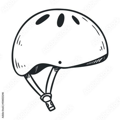 Simple black and white bicycle helmet with strap and ventilation holes. Hand drawn vector illustration